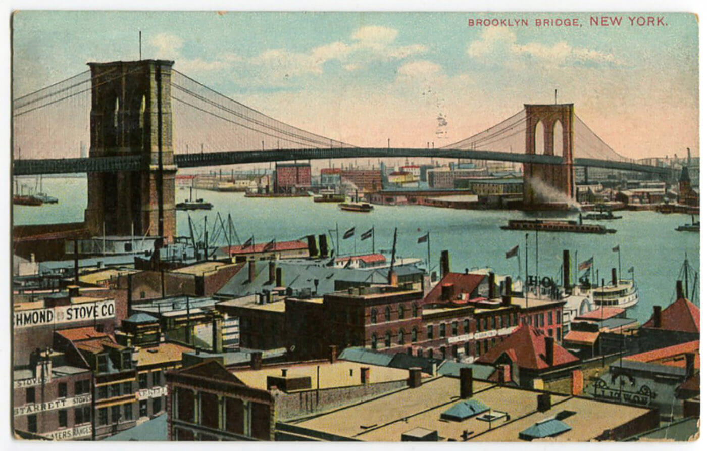Postcard showing docks near Brooklyn Bridge. Image via eBay